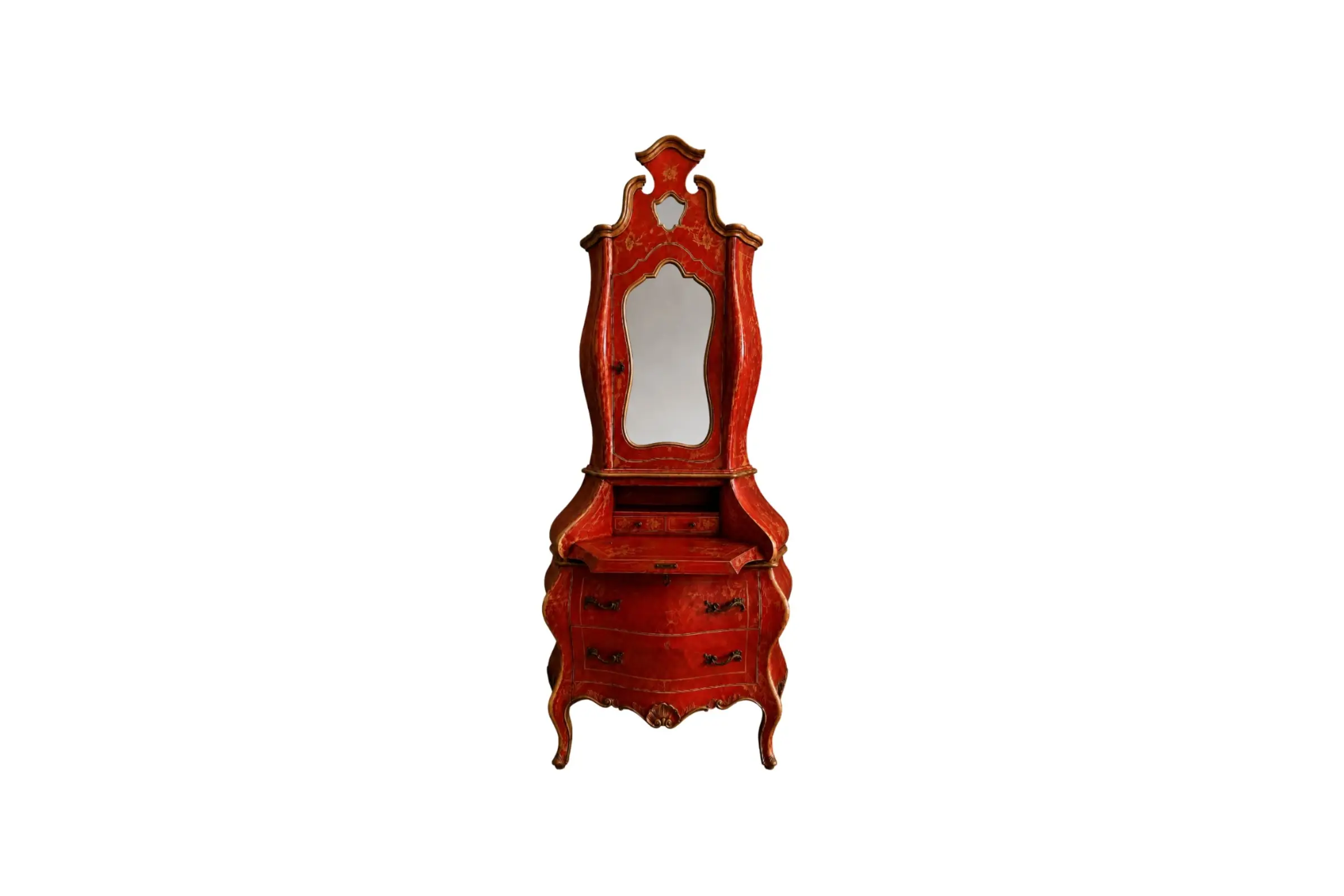 IS-146-TR Venetian-Style Pompeian Red Trumeau Secretary – front view, drop front open