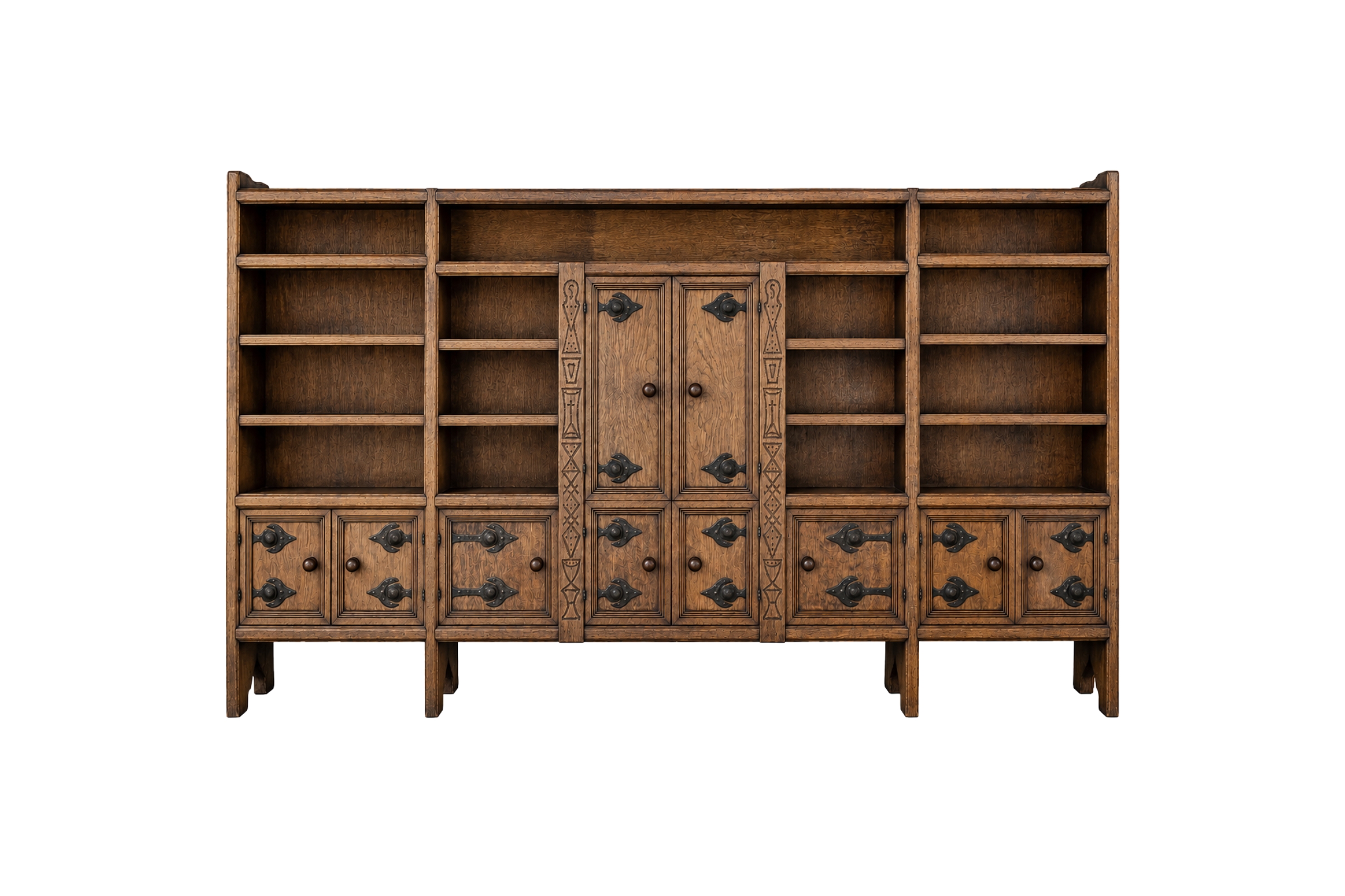 IS-147-LB Handcrafted Oak Bookcase with Wrought-Iron Details – front view