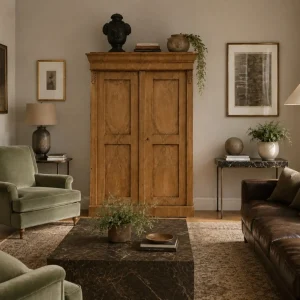 Interior rendering featuring the IS-133-AR Antique Ash-Veneered armoire