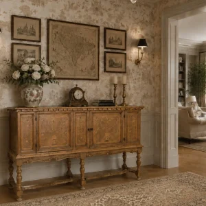 Interior rendering featuring the IS-141-CR Antique Lombard Chest Converted into a Sideboard