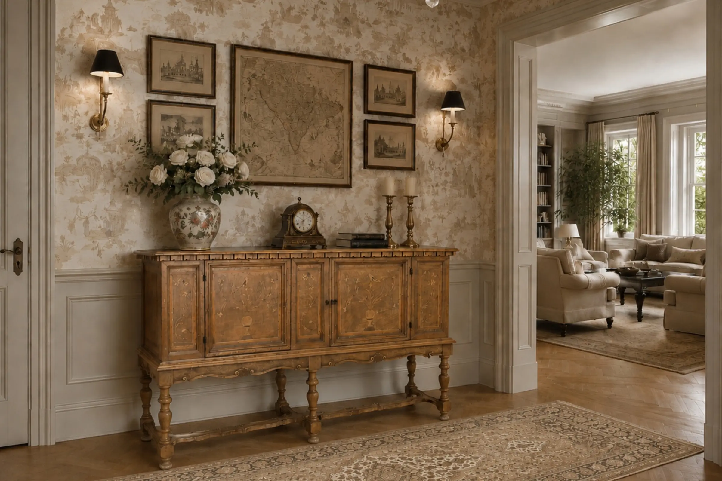 Interior rendering featuring the IS-141-CR Antique Lombard Chest Converted into a Sideboard