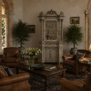 Interior rendering featuring the IS-142-VE Eclectic Italian Display Cabinet