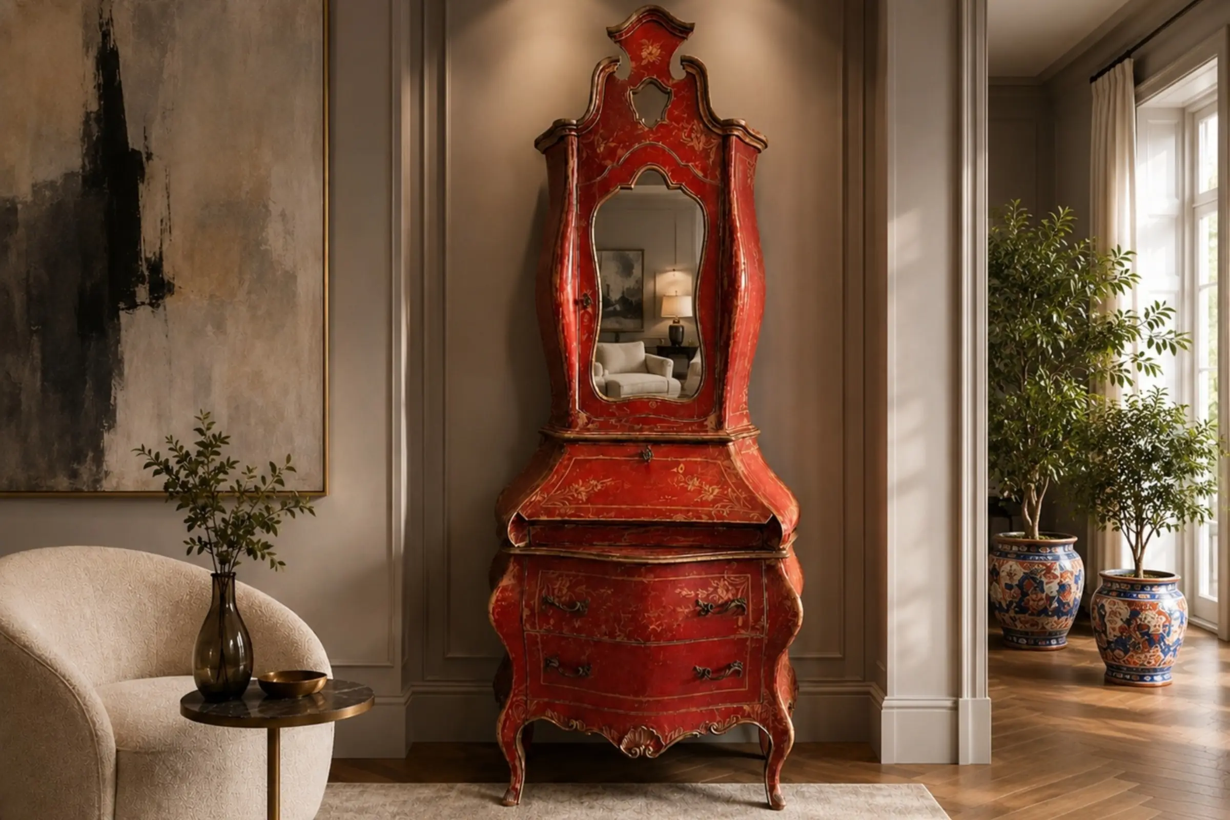 Interior rendering featuring the IS-146-TR Venetian-Style Pompeian Red Trumeau Secretary