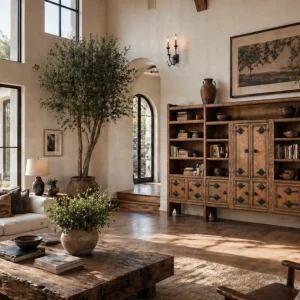 Interior rendering featuring the IS-147-LB Handcrafted Oak Bookcase with Wrought-Iron Details